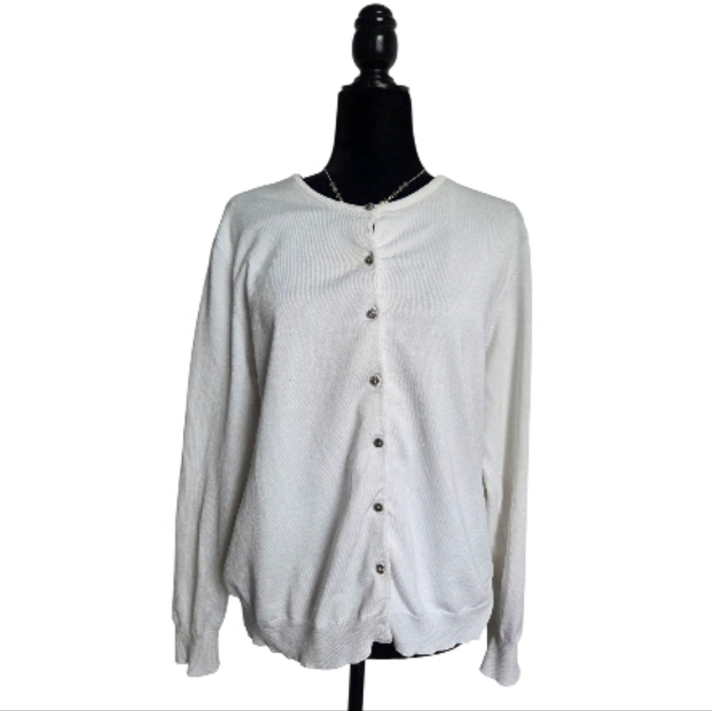 George White Button Front Cardigan Lined With Silver Buttons Women's Size XL